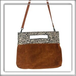 Anthropologie Tara Suede Textured Crossbody Clutch Brown Black Animal Print